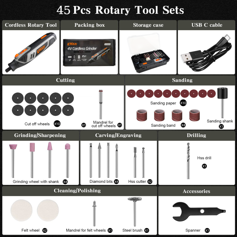 T-TECH 4V Cordless Rotary Tool 5000-25000/min 42Pcs 5-Speed Carving Engraving Pets Nail Trimming Mini Grinder