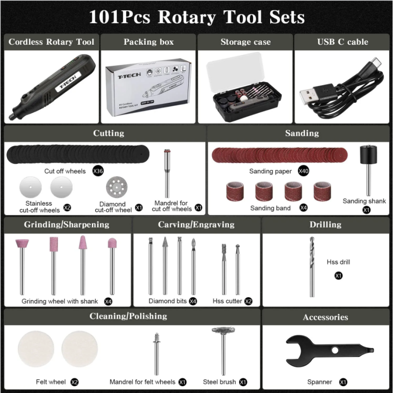 T-TECH 4V Cordless Rotary Tool 5000-25000/min Electric Drill Grinder Engraver Pen With 101pcs Accessories