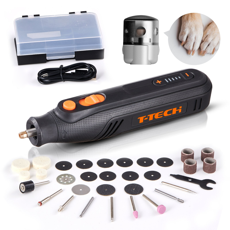 T-TECH 4v Multifunction 5000-25000/min Precision 33pcs Dog Nail Grooming Set Nail Trimming Mini Rotary Tool Grinder Kit
