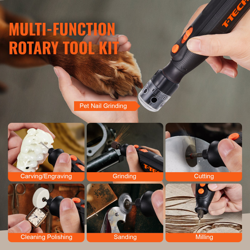 T-TECH 4v Multifunction 5000-25000/min Precision 33pcs Dog Nail Grooming Set Nail Trimming Mini Rotary Tool Grinder Kit