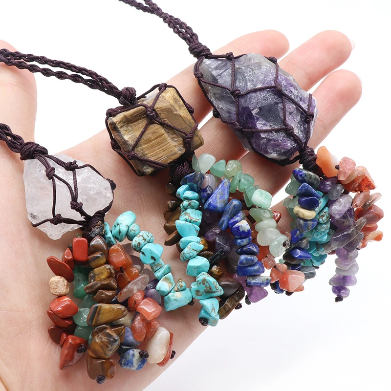 7Chakra Natural Crystal Colorful Stone Raw Car Hanging Woven Jewelry Wholesale