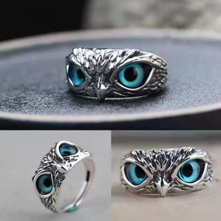 Foreign single hot selling Tibetan silver trend owl men and women ring ring retro old  eye open ring