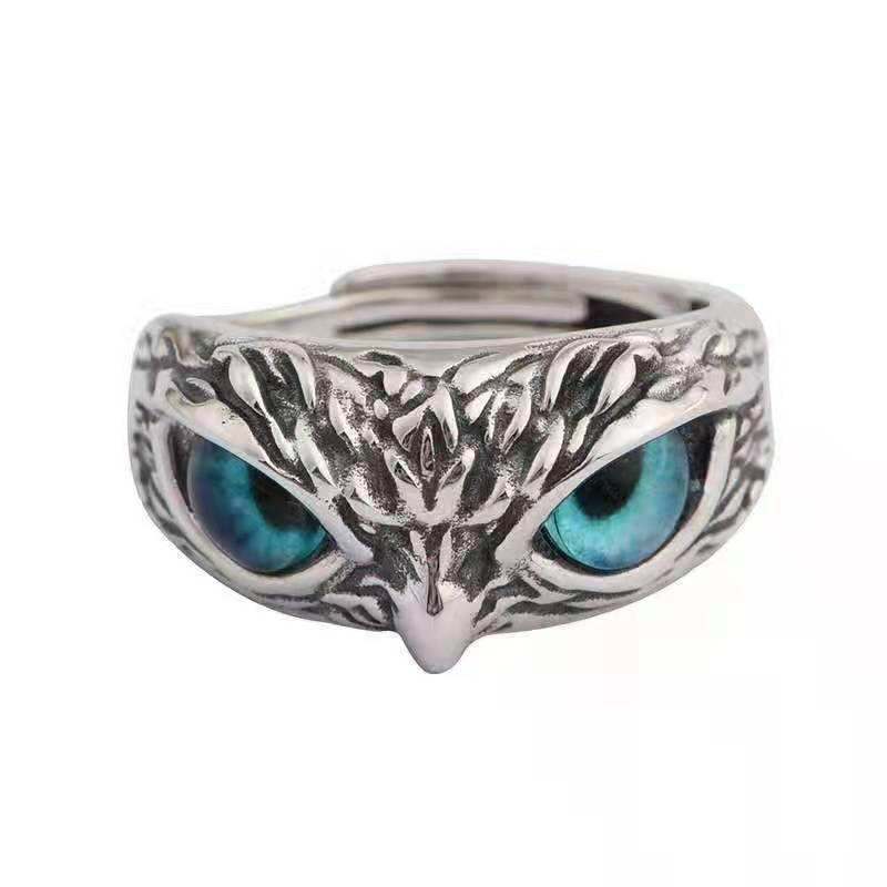 Foreign single hot selling Tibetan silver trend owl men and women ring ring retro old  eye open ring