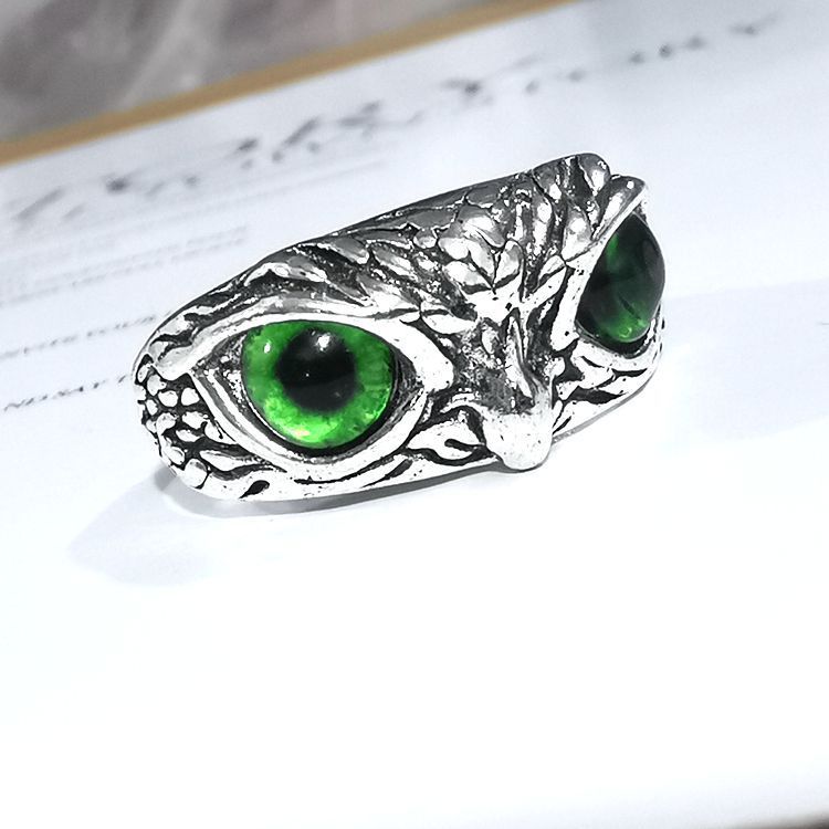 Foreign single hot selling Tibetan silver trend owl men and women ring ring retro old  eye open ring