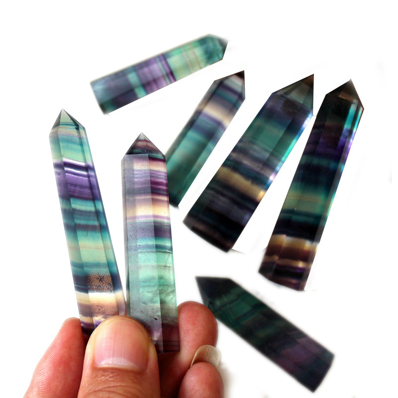 Outer single hot selling natural crystal original stone colorful fluorite hexagonal prism minaret column ornaments