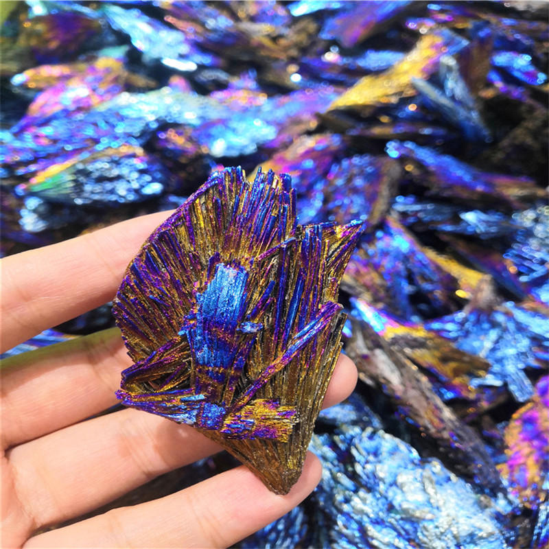 Outer single hot selling natural electroplated black tourmaline peacock blue flame feather cluster mineral specimen iridescent power stone home decoration diy jewelry