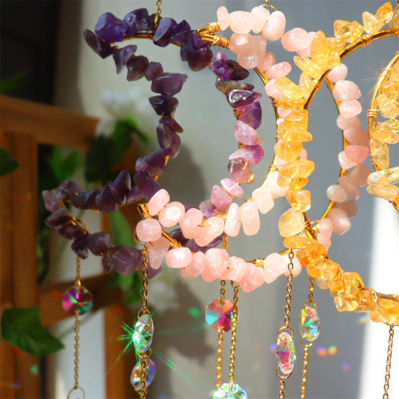 Outer single hot selling natural chips amethyst citrine pink crystal fluorite love handmade wind chimes garden pendant crystal ball pendant