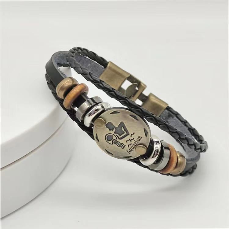 12 Constellation Leather Bracelet European and American Men and Women Couple Jewelry Hand Beaded Retro PU Leather Bracelet