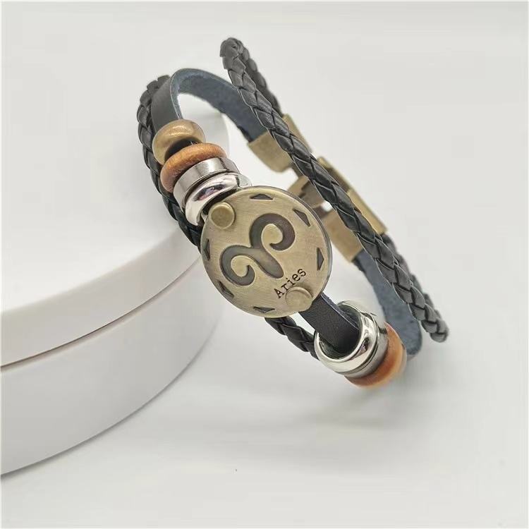 12 Constellation Leather Bracelet European and American Men and Women Couple Jewelry Hand Beaded Retro PU Leather Bracelet