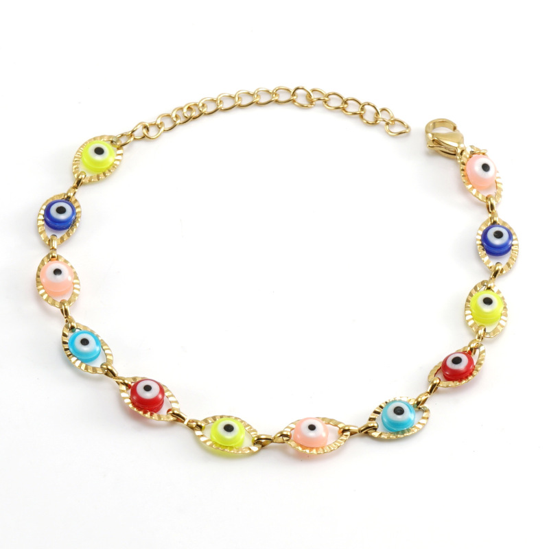 Turkish Evil Eye Colorblock Stainless Steel Bracelet, Necklace, 18K Titanium Steel Round Eye Evil Eye