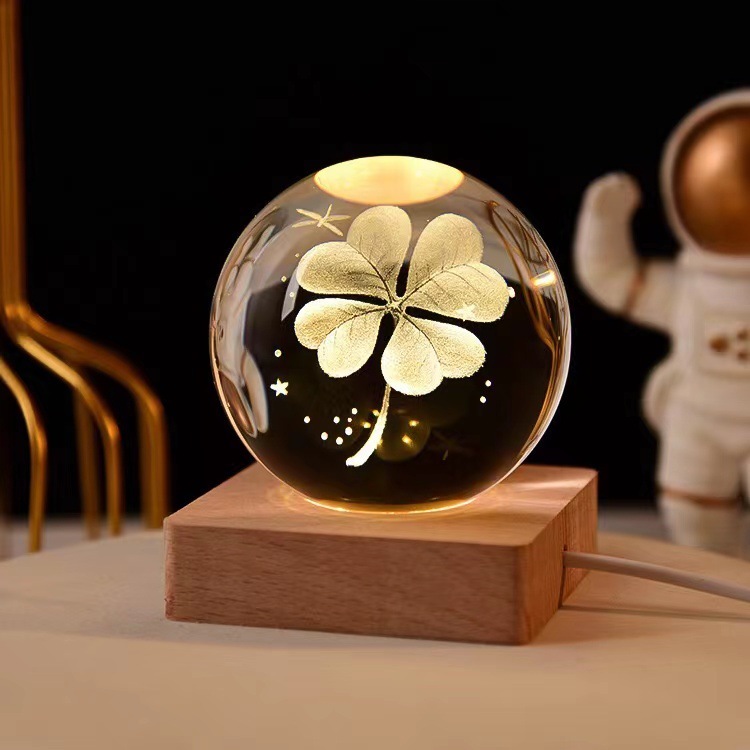 The latest crystal sphere cosmic galaxy series night light solid wood base luminous crystal small ornament 3D inner engraved glass