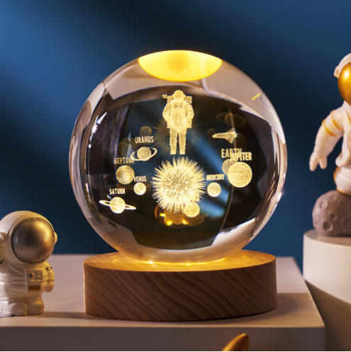 The latest crystal sphere cosmic galaxy series night light solid wood base luminous crystal small ornament 3D inner engraved glass