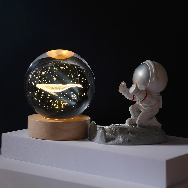 The latest crystal sphere cosmic galaxy series night light solid wood base luminous crystal small ornament 3D inner engraved glass