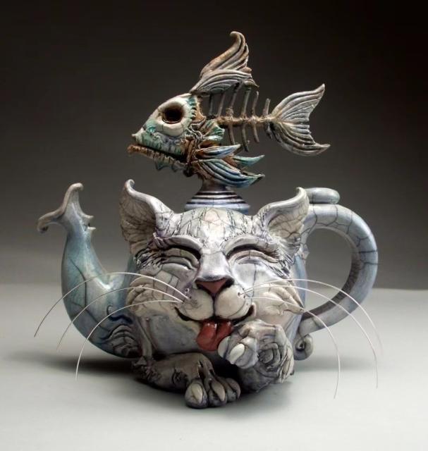New resin ornaments devil cat creative home desktop decorations handmade art cat teapot ornaments