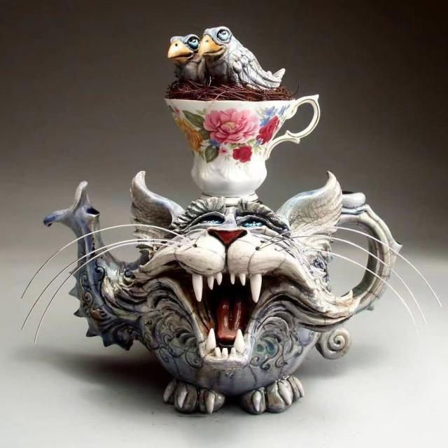 New resin ornaments devil cat creative home desktop decorations handmade art cat teapot ornaments