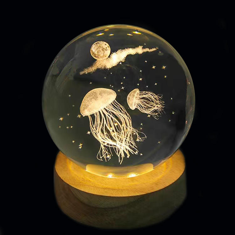 Creative jellyfish, turtle, starfish, clownfish, blue whale, dolphin, 3D interior carved crystal sphere home office ornament