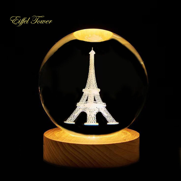 Creative 3D Laser Internal Engraving Crystal Sphere Eiffel Tower, Ferris Wheel, Heartbeat, Happy Birthday Home Office Decoration Ornament