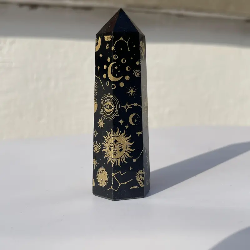 Healing obsidian white marble energy tower point rune home decoration