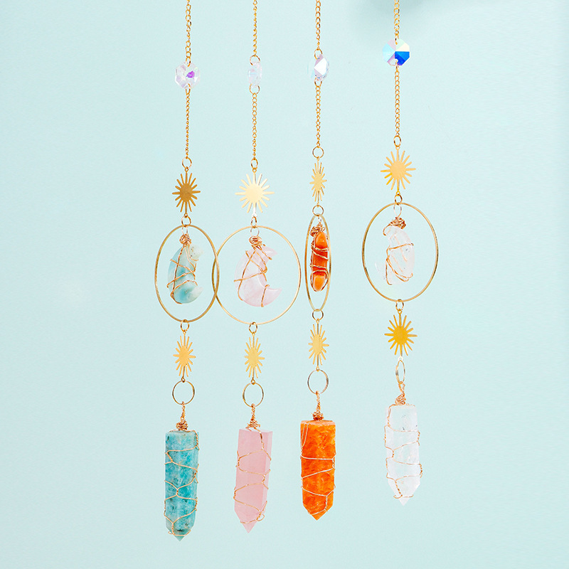 Natural Crystal Column Moon Lighting Pendant Crystal Raw Stone Sun Catcher Home Garden Wind Chimes Decorative Pendant