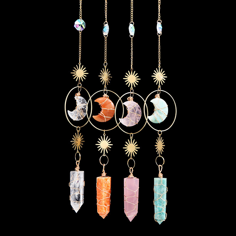 Natural Crystal Column Moon Lighting Pendant Crystal Raw Stone Sun Catcher Home Garden Wind Chimes Decorative Pendant