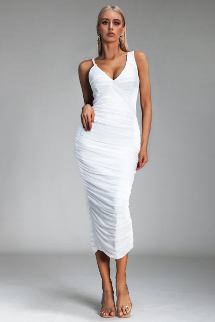 F031 White dress with a V-NECK and trim