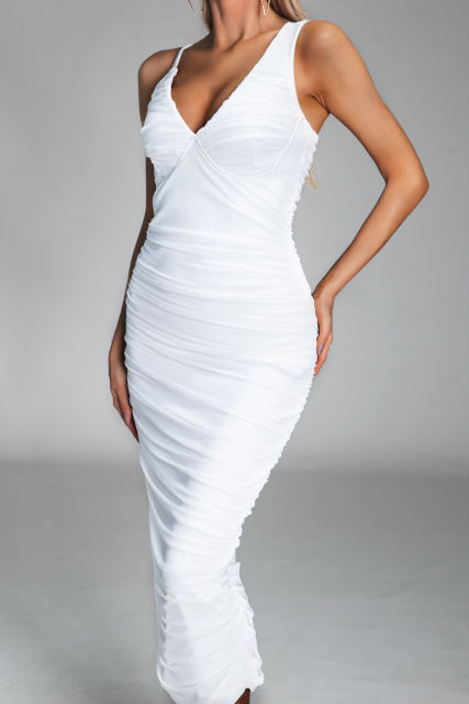 F031 White dress with a V-NECK and trim