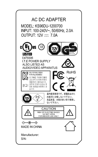 KS100DU-1200700 12V 7A 84W AC DC power adapter supply with UL/cUL FCC PSE CE GS RCM safety approved