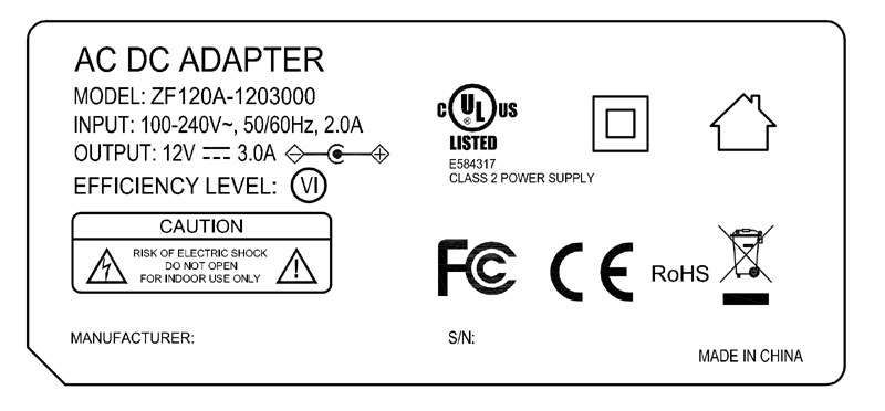 ZF120A-1203000 12V 3A AC DC Power adapter class 2 UL/cUL FCC PSE CE GS RCM safety