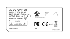 ZF120A-1202000 12V 2A AC DC Power adapter class 2 UL/cUL FCC PSE CE GS RCM safety