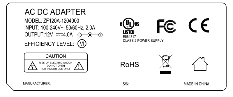 ZF120A-1204000 12V 4A AC DC Power adapter class 2 UL/cUL FCC PSE CE GS RCM safety