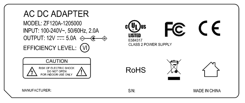 ZF120A-1205000 12V 5A AC DC Power adapter class 2 UL/cUL FCC PSE CE GS RCM safety