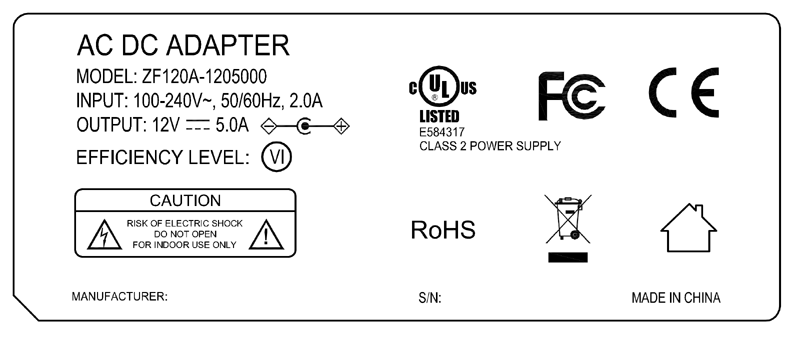 Class 2 Power Supply 12V 5A 60W AC/DC Adapter with UL/cUL UL1310 listed for LED Strip Light