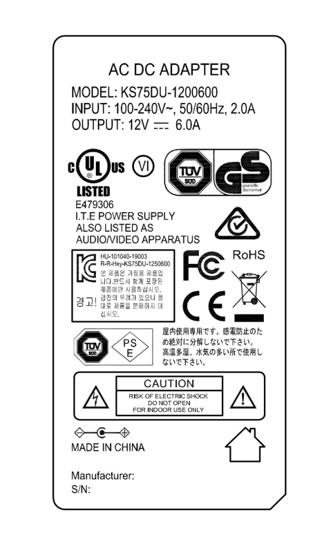 ZF120A-1206000 12V 6A AC DC Power adapter with UL/cUL FCC PSE CE GS RCM safety