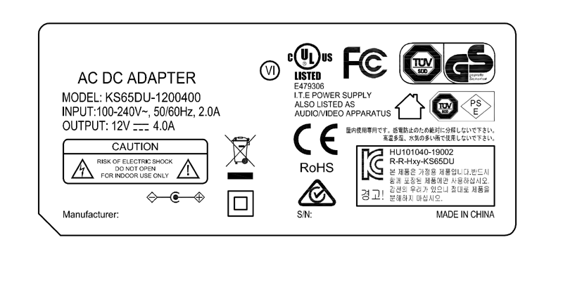 KS65DU-1200400 12V 4A 48W AC DC adapter UL/cUL FCC PSE CE GS RCM safety approvals