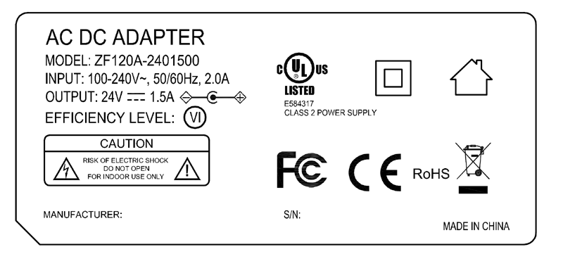 ZF120A-2401500 24V 1.5A AC DC Power adapter class 2 UL/cUL FCC PSE CE GS RCM safety