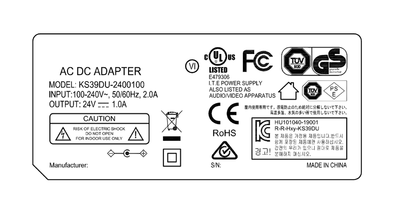KS39DU-2400100 24V 1A 24W AC DC adapter UL/cUL FCC PSE CB C-Tick RoHs CE GS RCM safety approved