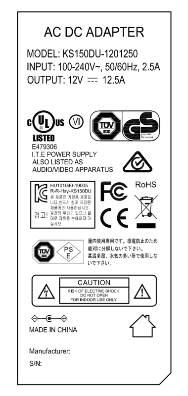 12V 12.5A 150W Desktop AC DC Adapter with UL/cUL FCC PSE CE GS RCM safety approved