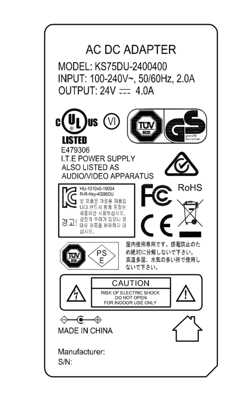 24V 4A 96W Desktop AC/DC Adapter power supply with UL/cUL FCC PSE CE GS RCM safety approved