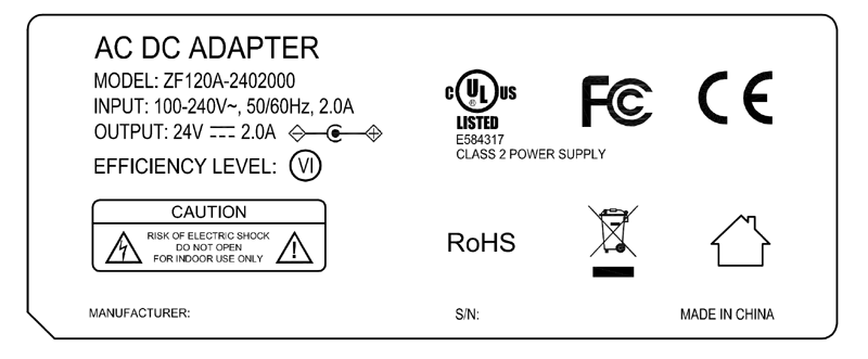 Class 2 24V 2A 48W AC DC power Adapter with UL/cUL UL1310 listed safety approved