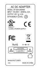 ZF120A-2404000 24V 4A 96W AC DC adapter UL/cUL FCC PSE CB C-Tick RoHs CE GS RCM safety approved