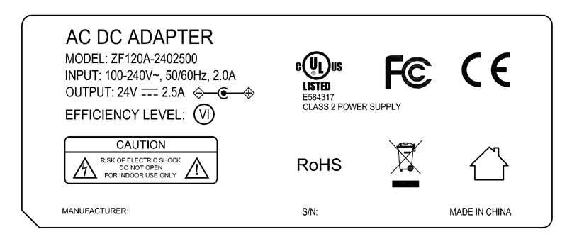 ZF120A-2402500 24V 2.5A AC DC Power adapter class 2 UL/cUL FCC PSE CE GS RCM safety