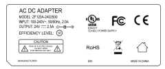 ZF120A-2402500 24V 2.5A AC DC Power adapter class 2 UL/cUL FCC PSE CE GS RCM safety