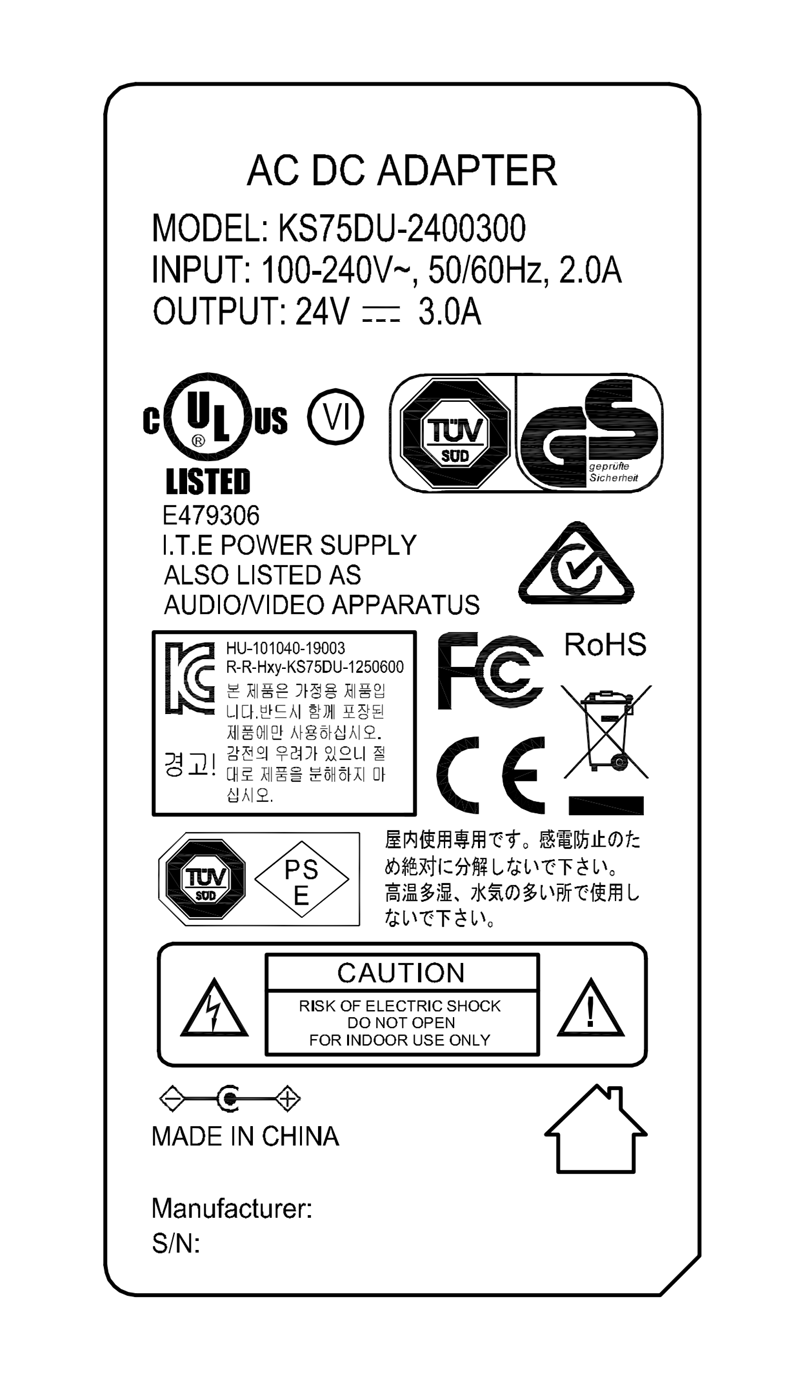 KS75DU-2400300 24V 3A 72W AC DC adapter UL/cUL FCC PSE CB C-Tick RoHs CE GS RCM safety approved