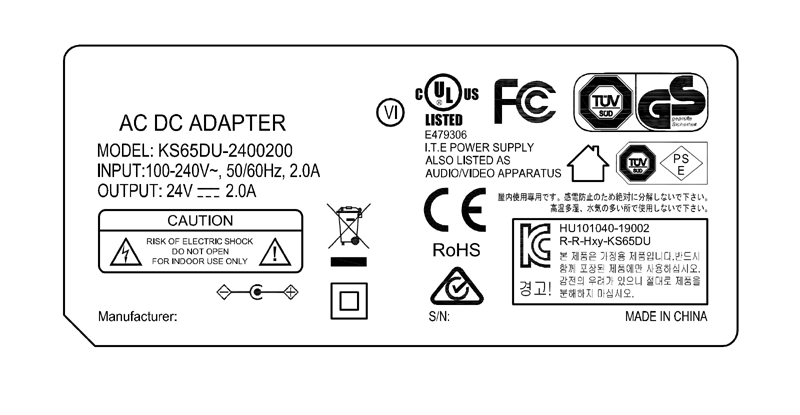 KS65DU-2400200 24V 2A 48W AC DC adapter UL/cUL FCC PSE CE GS RCM safety approvals