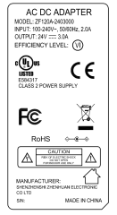 ZF120A-2403000 24V 3A AC DC Power adapter with UL/cUL FCC PSE CE GS RCM safety