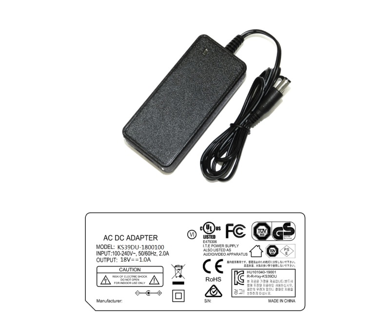 KS39DU-1800100 18V 1A 18W AC DC adapter UL/cUL FCC PSE CB C-Tick RoHs CE GS RCM safety approved