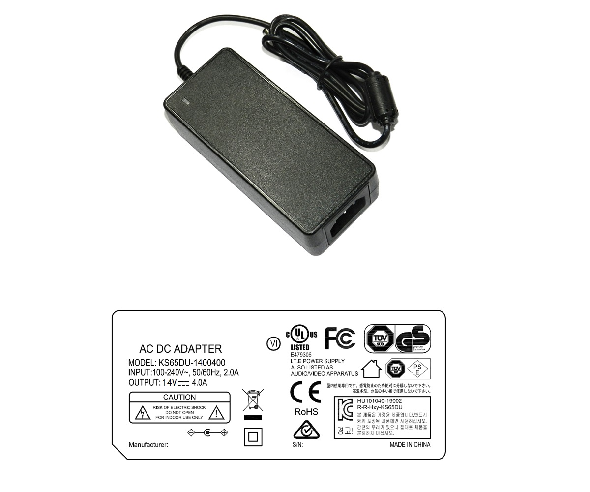 KS65DU-1400400 14V 4A AC DC power adapter UL/cUL FCC PSE CE GS RCM safety approvals