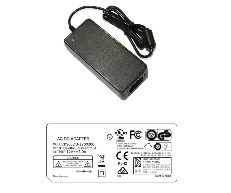 KS65DU-1900300 19V 3A AC DC power adapter UL/cUL FCC PSE CE GS RCM safety approvals