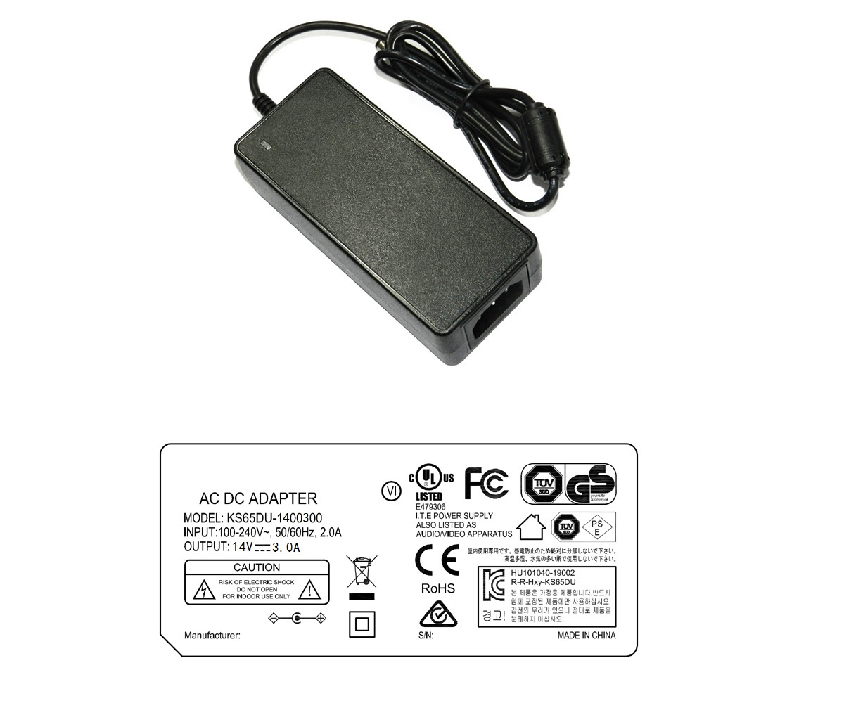 KS65DU-1400300 14V 3A AC DC power adapter UL/cUL FCC PSE CE GS RCM safety approvals