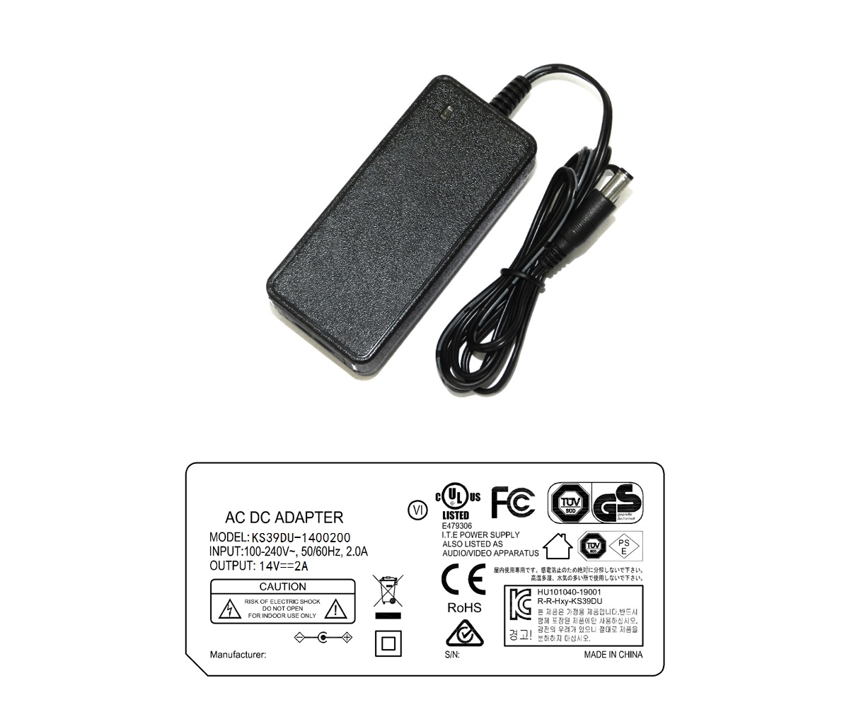 KS39DU-1400200 14V 2A 28W AC DC adapter UL/cUL FCC PSE CB C-Tick RoHs CE GS RCM safety approved